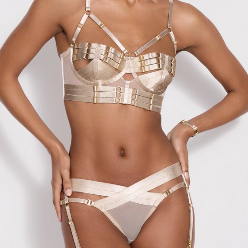 SET Bordelle Tomoe Bodice Bra + Harness Brief Caramel strappy mesh 24k L Large